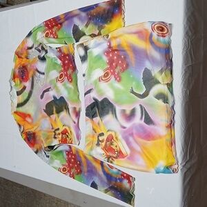 Trippy Multicolor Mesh Long Sleeve Crop Top & Mini Skirt Set Sz L Rave Dopamine